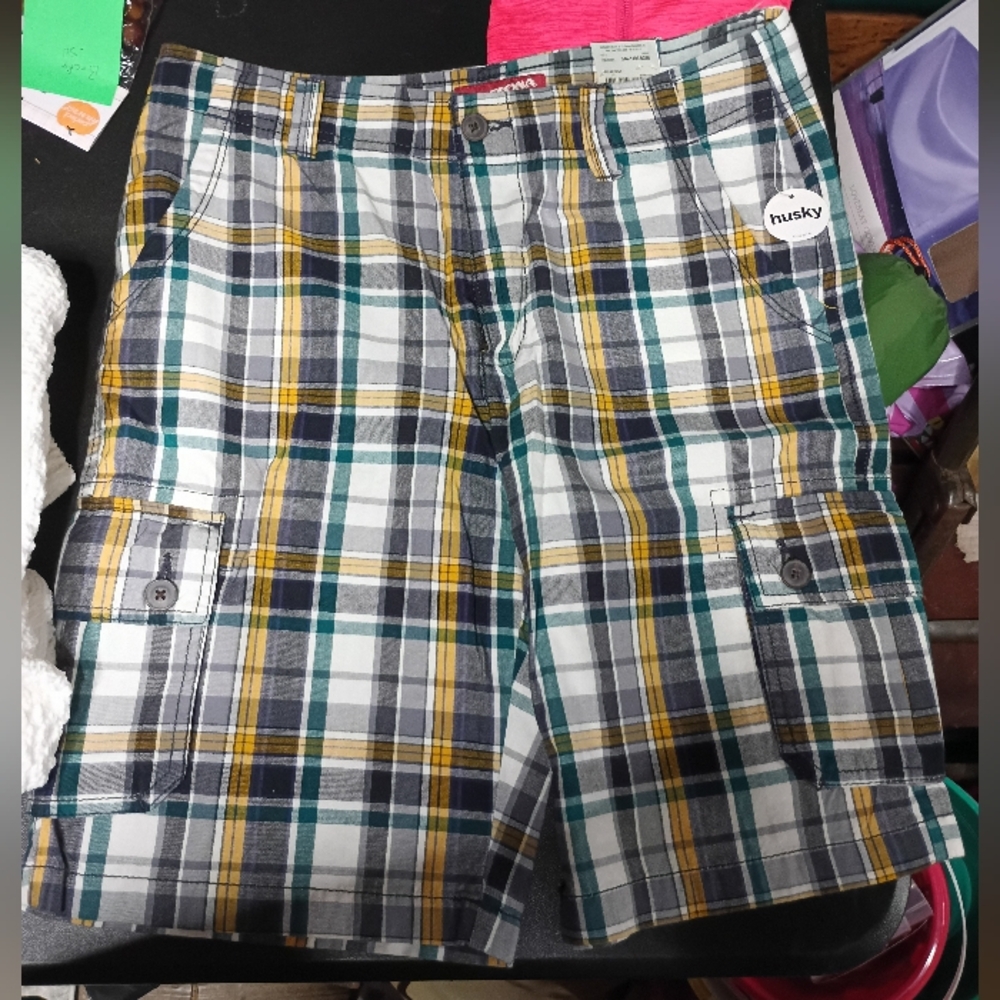 Boy's 18 Husky Plaid Cargo Shorts - Green, Yellow, White